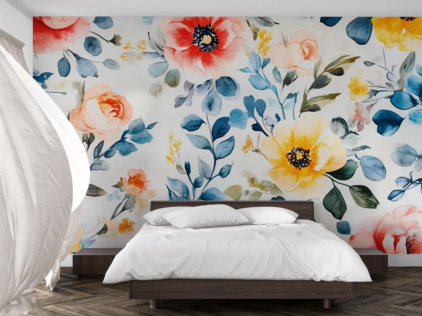 Watercolor Floral Wall Mural – Large Bold Botanical Wallpaper – Colorful Flower Bedroom Accent Wall Art – Peel & Stick or Removable Vn644