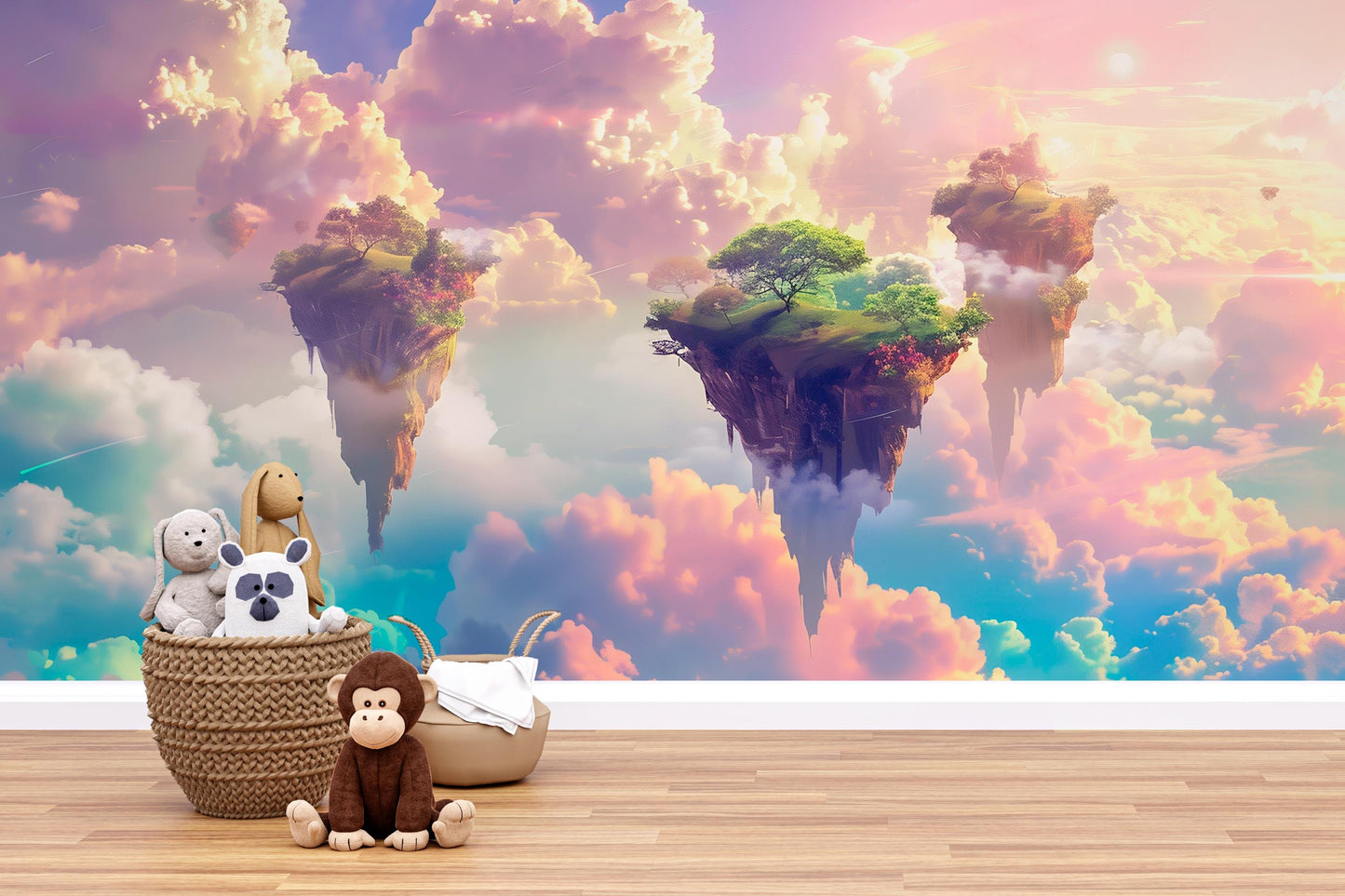 Fantasy Floating Islands Wall Mural – Dreamy Sky & Clouds Wallpaper, Magical Kids Room Decor, Surreal Accent Wall Art Vn1081