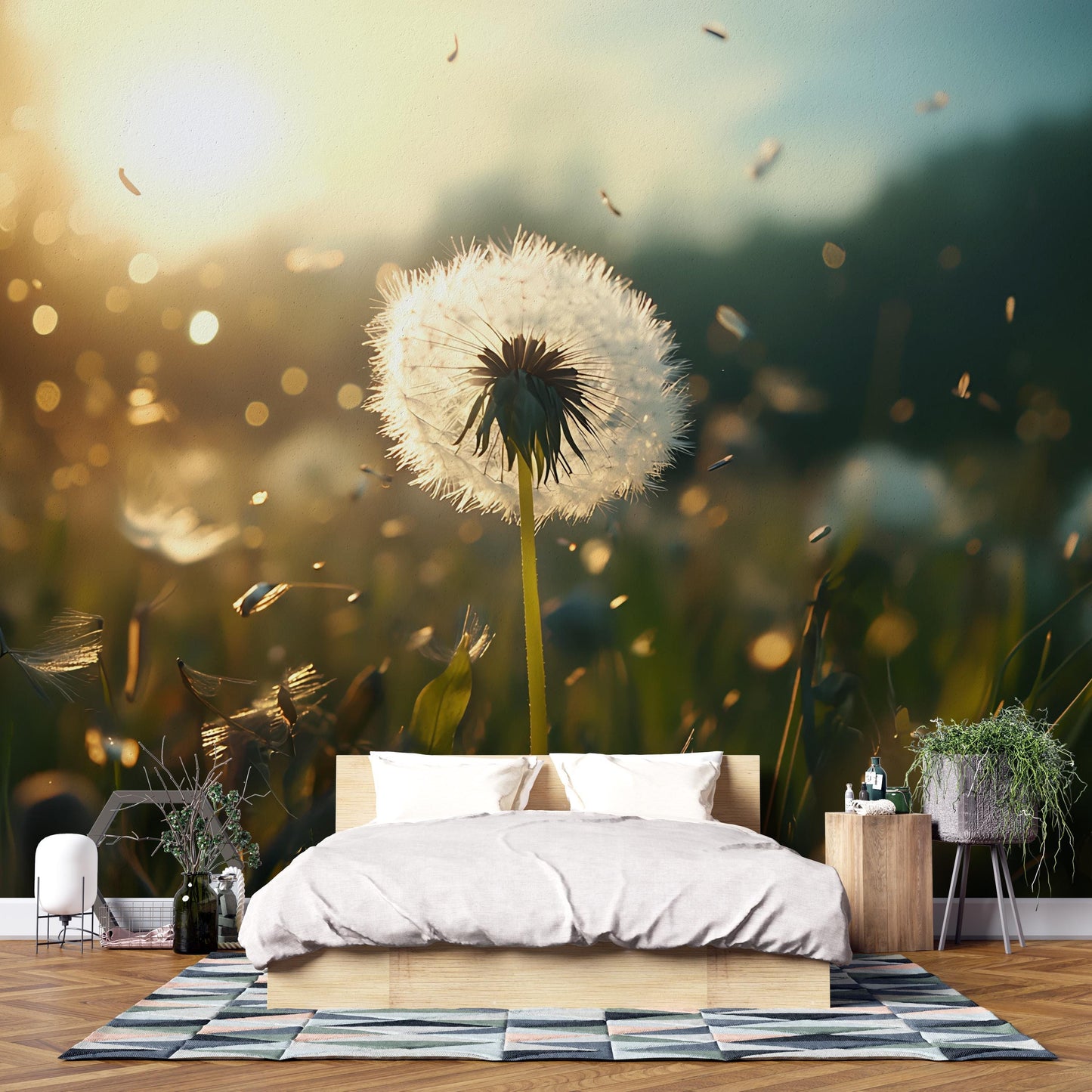 Dandelion Field Wall Mural – Nature Bedroom Wallpaper – Botanical Decor for Accent Walls Vn567