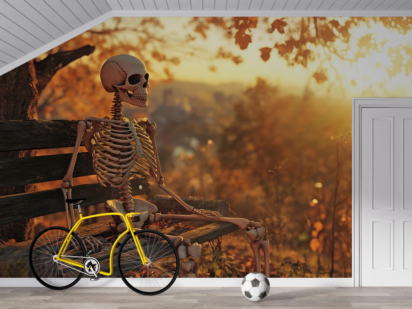 Autumn Skeleton Bedroom Wall Mural – Cozy Fall & Halloween Décor Vn799