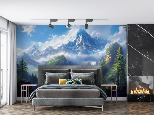 Mountain View Wall Mural | Scenic Nature Bedroom Wallpaper | Snowy Peak Forest Landscape | Large Photo Wall Art Decor Vn251