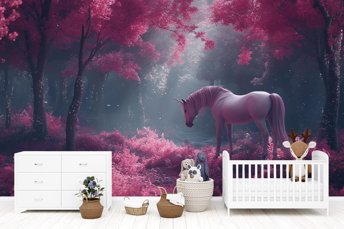 Magical Unicorn Wall Mural for Kids Room | Pink Fantasy Forest Wallpaper | Enchanted Unicorn Bedroom Decor Vn 301