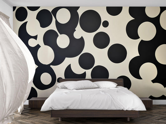 Black & Beige Circle Wall Mural – Modern Geometric Dot Pattern Wallpaper Vn839