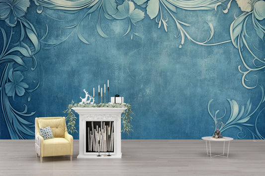 Teal Floral Scroll Wall Mural – Elegant Botanical Pattern Wallpaper for Living Room or Office Vn771
