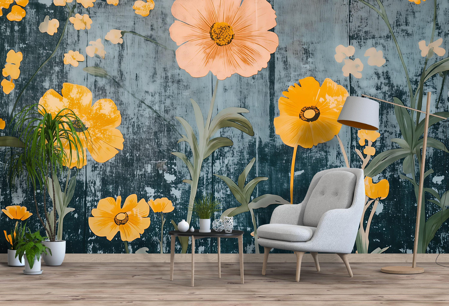 Yellow Floral Wall Mural – Modern Botanical Wallpaper with Rustic Teal Background Vn827