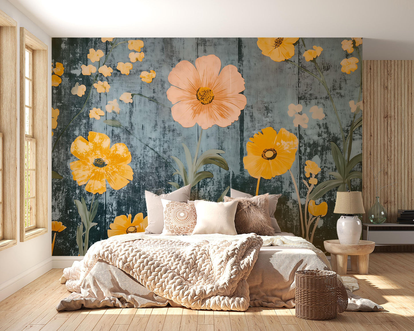 Yellow Floral Wall Mural – Modern Botanical Wallpaper with Rustic Teal Background Vn827