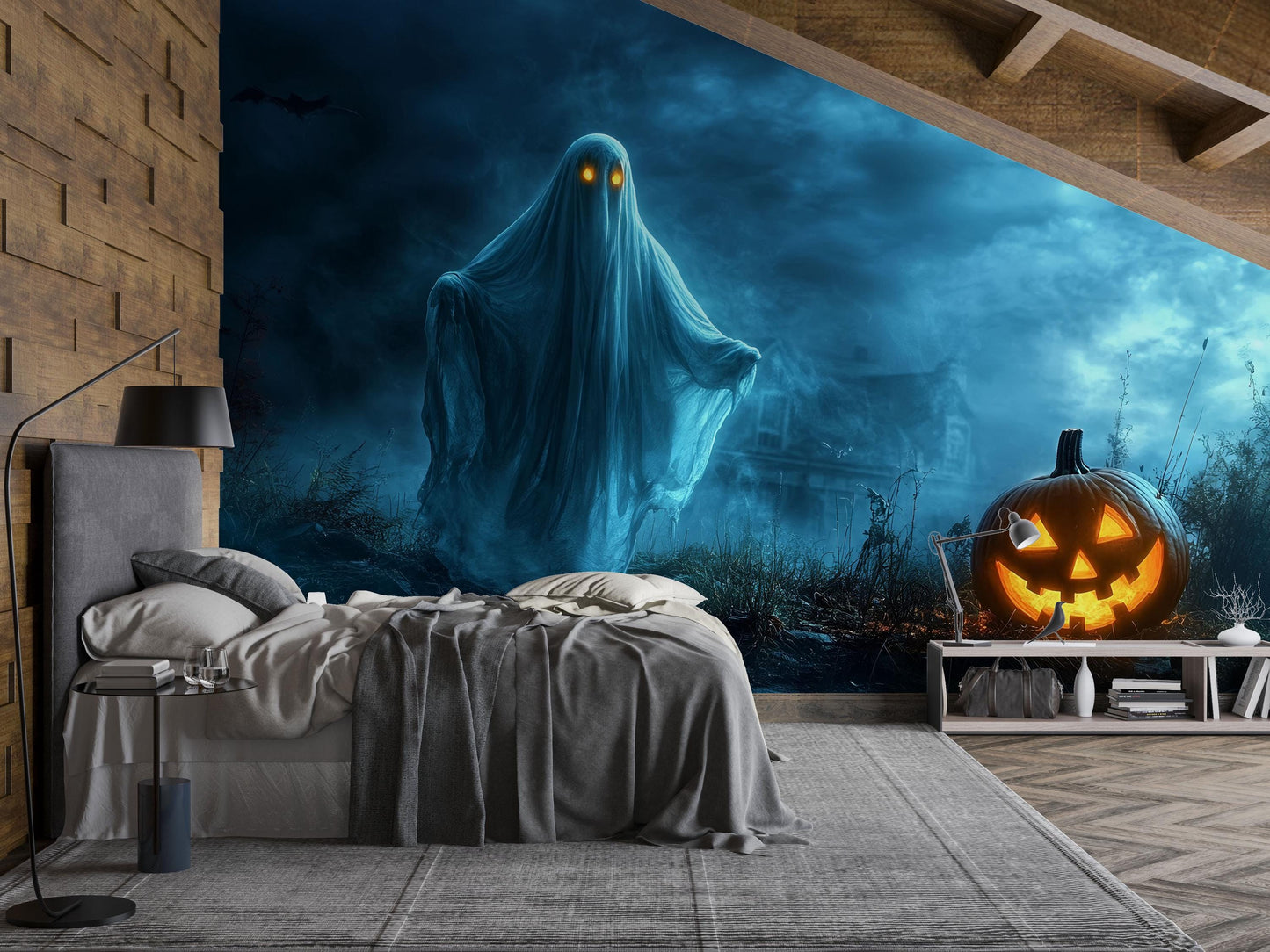 Haunted Ghost & Pumpkin Wall Mural – Spooky Halloween Bedroom Décor Vn801