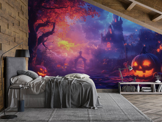 Colorful Halloween Castle Wall Mural – Spooky Kids Room Décor Vn800