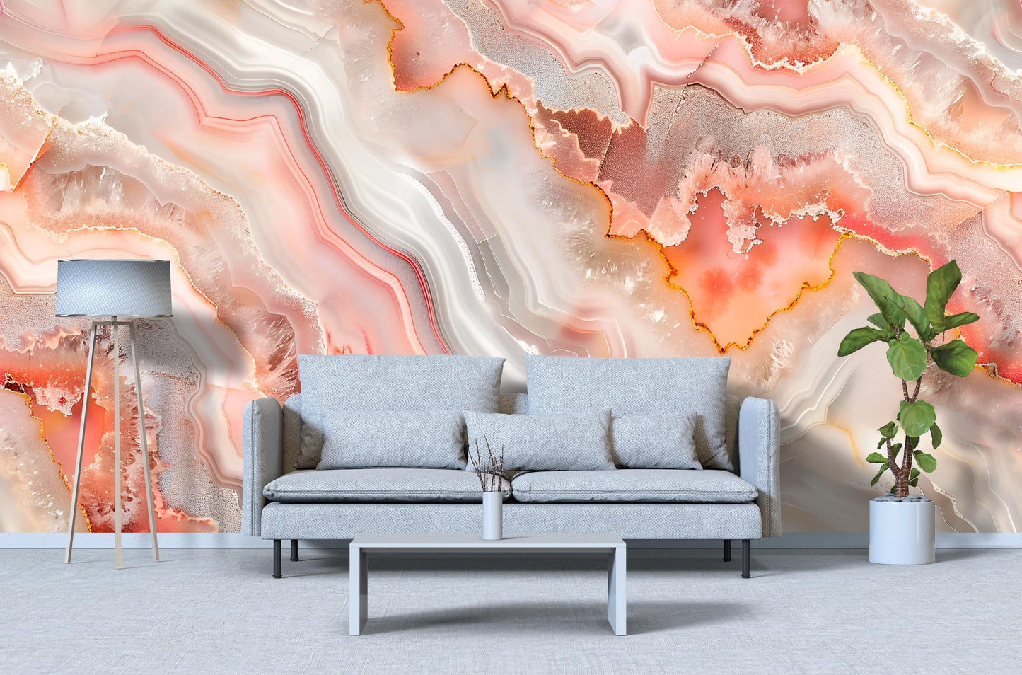 Pink Agate Wall Mural – Crystal Stone Pattern Wallpaper in White & Rose Tones Vn1092