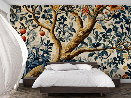 Botanical Tree Wall Mural – Vintage Floral Wallpaper, Elegant Accent Wall with Fruit & Leaves for Bedroom or Living Room Vn843