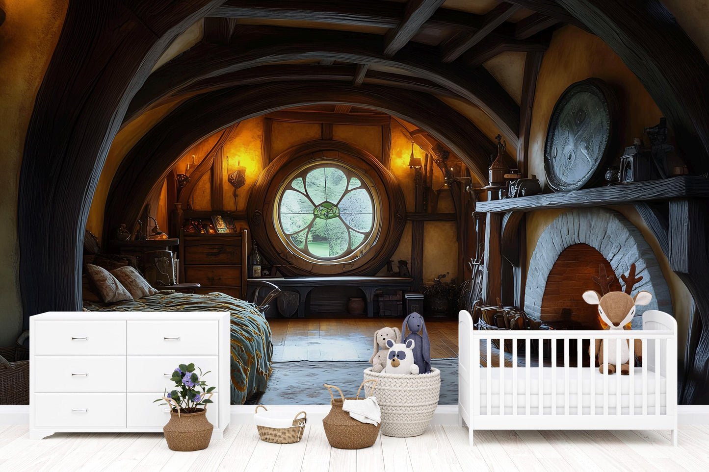 Hobbit Nursery Wall Art | Cozy Fantasy Baby Room Decor | Rustic Hobbiton Fireplace Print | Whimsical Nursery Interior Artwork Vn604