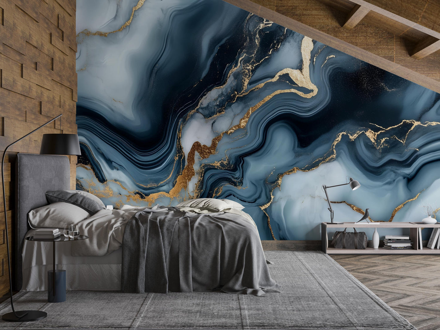 Blue Gold Marble Wall Mural – Abstract Luxury Wallpaper Vn968