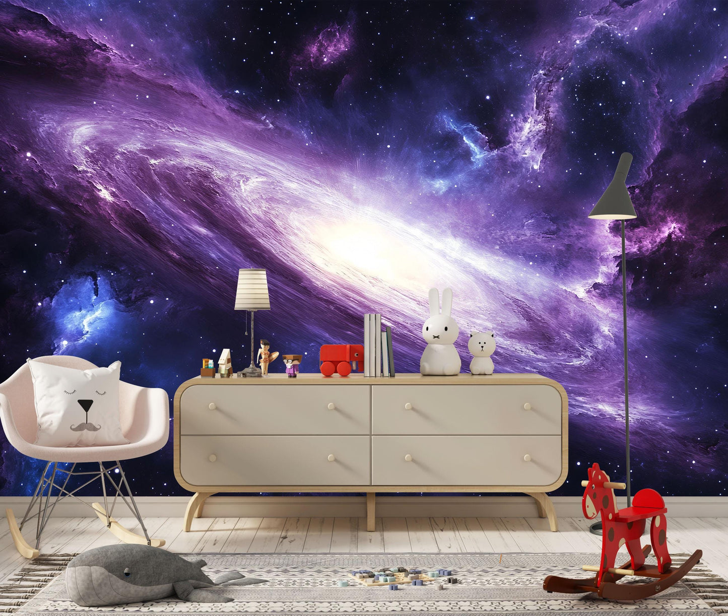 Galaxy Wall Mural – Purple Space Nebula Wallpaper, Cosmic Starry Sky Accent Wall for Kids Room or Bedroom Vn862