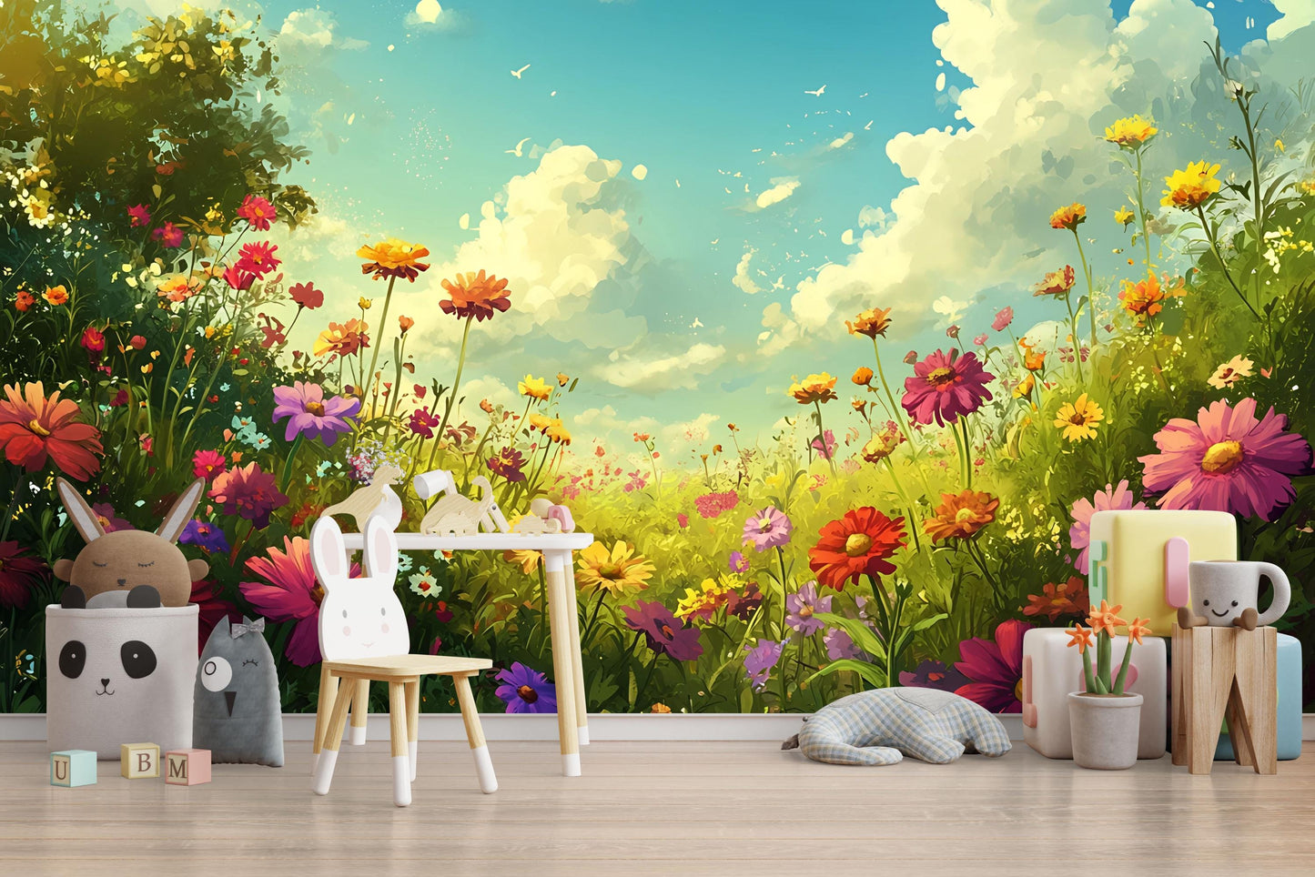 Whimsical Floral Meadow Wall Mural for Kids Room – Vibrant Nature Wallpaper Vn706