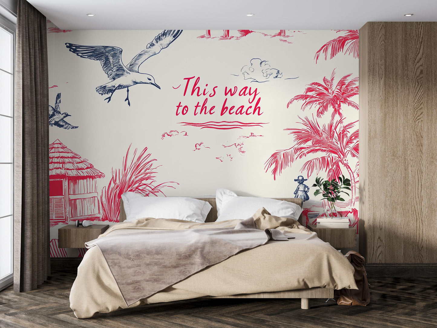 Beach Wall Mural | Coastal Bedroom Wallpaper | Tropical Palm Tree & Seagull Art | This Way to the Beach Ocean Wall Decor Vn718
