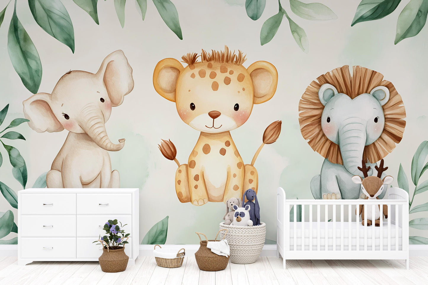 Safari Animal Wall Mural – Cute Lion Elephant Leopard Nursery Wallpaper Vn991