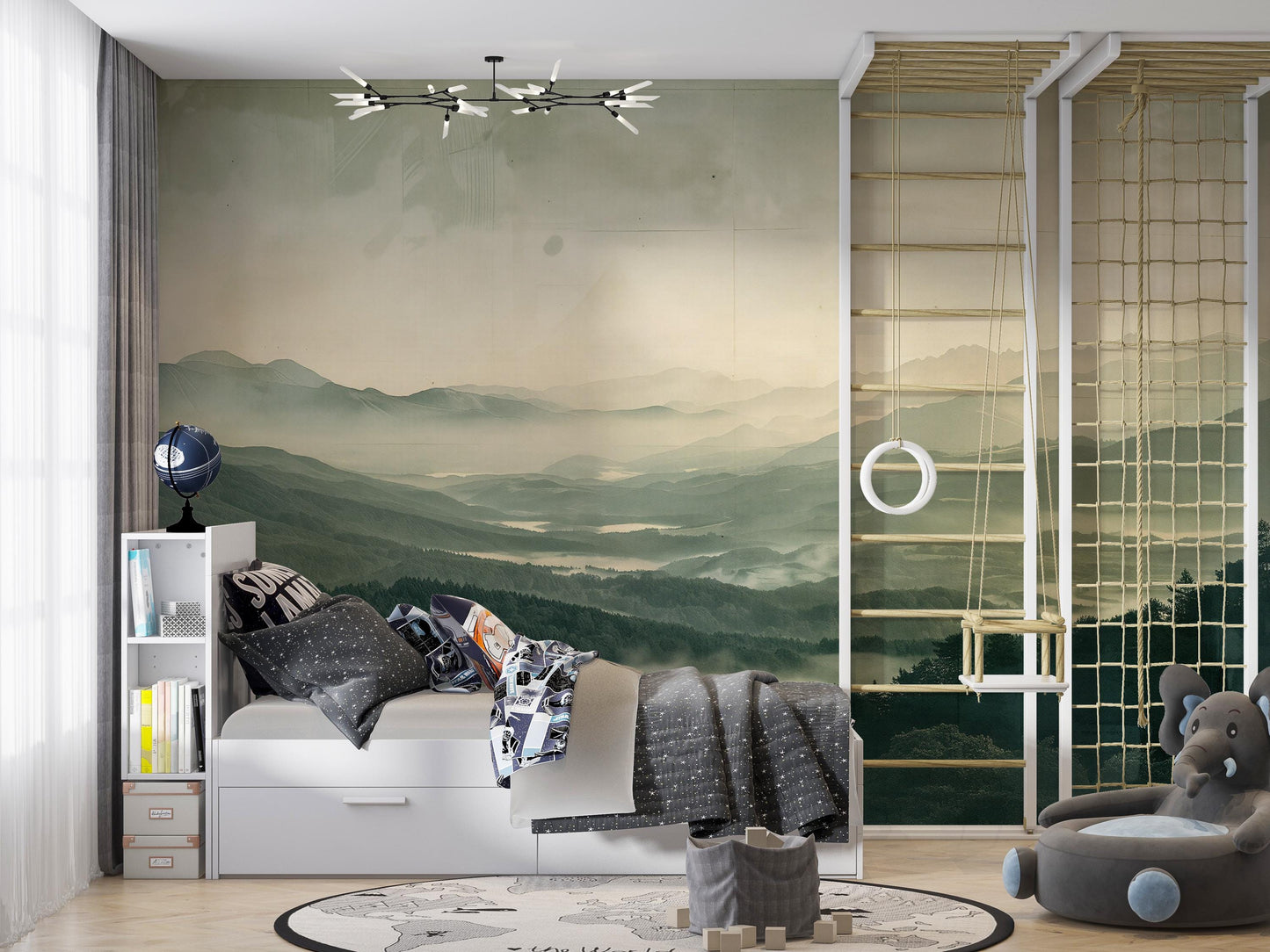 Misty Mountain Wall Mural – Nature Landscape Wallpaper for Kids Room or Living Space Vn1055