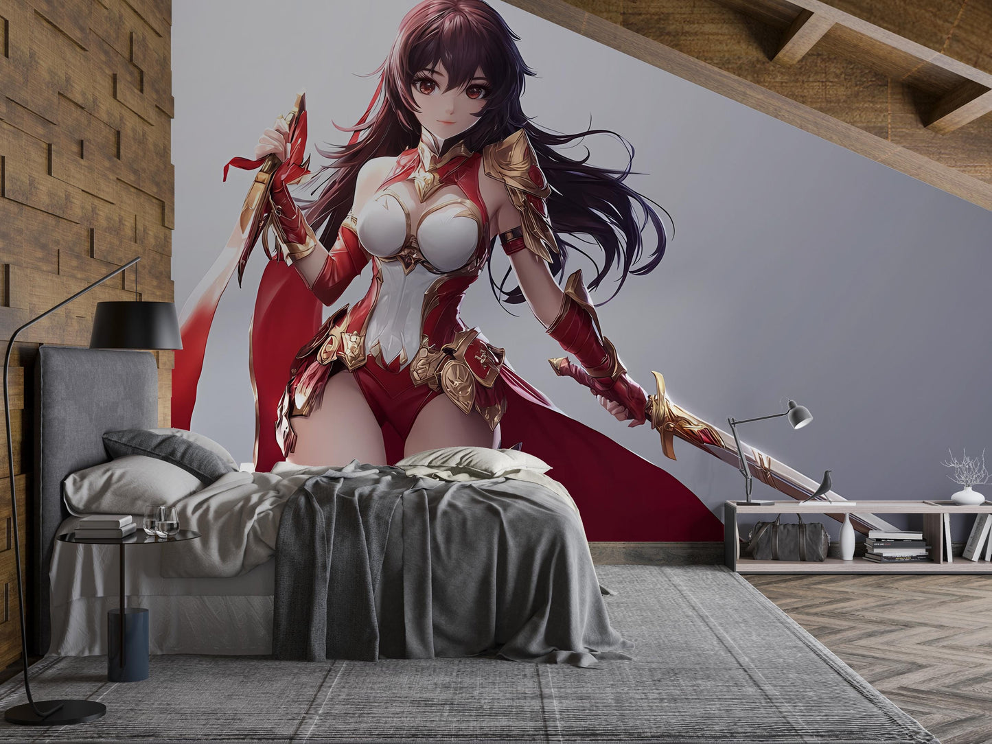 Anime Warrior Girl Wall Mural – Red Armor Fantasy Art for Kids Room, Teen Bedroom Decor, Gamer Wall Poster Vn361