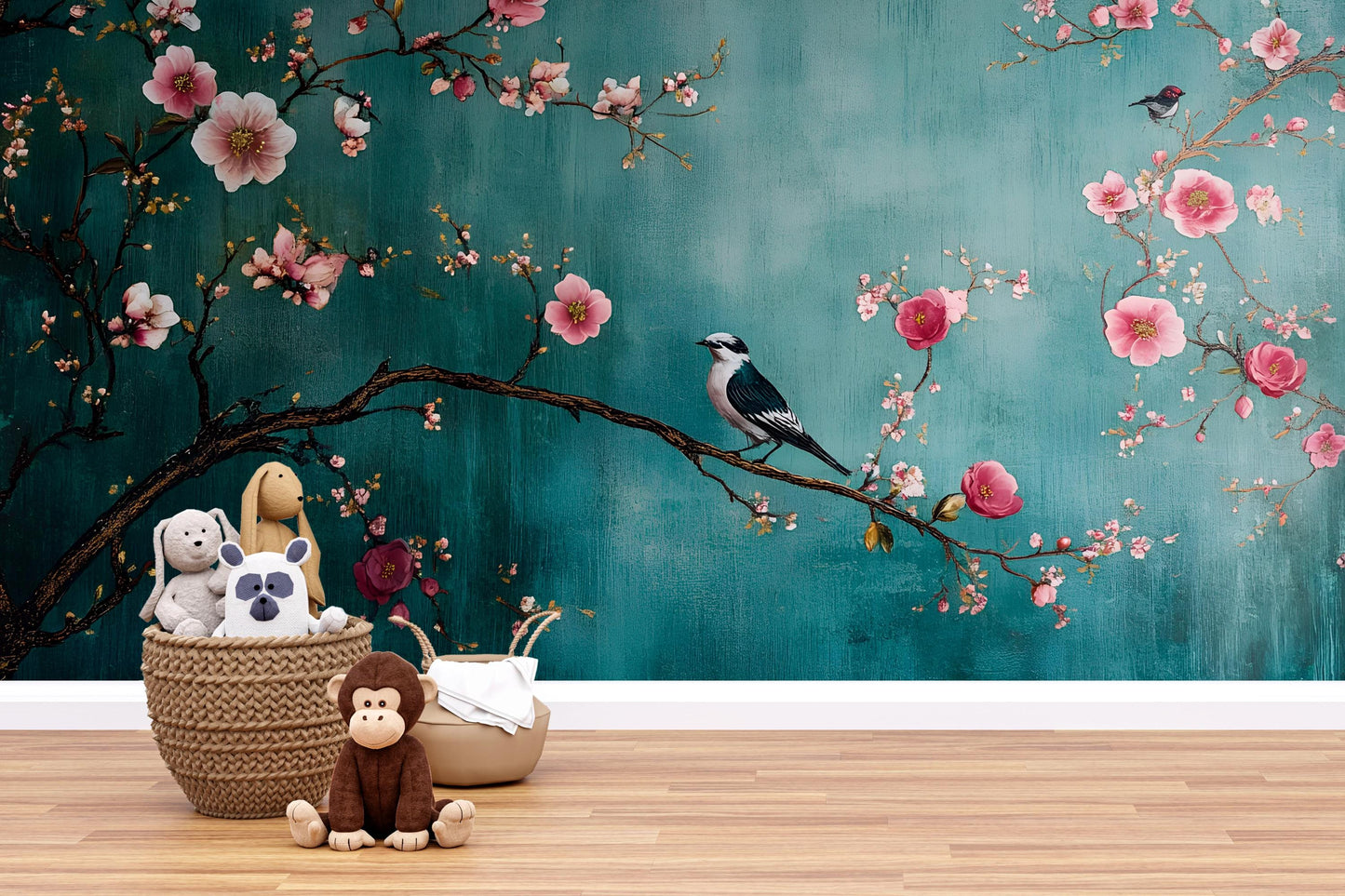 Cherry Blossom Wall Mural – Bird and Floral Nursery Wallpaper, Elegant Botanical Accent Wall for Kids Room or Bedroom Vn856