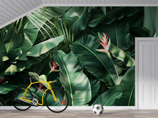Tropical Jungle Leaf Wall Mural – Bold Green Botanical Wallpaper with Exotic Plants Vn1052
