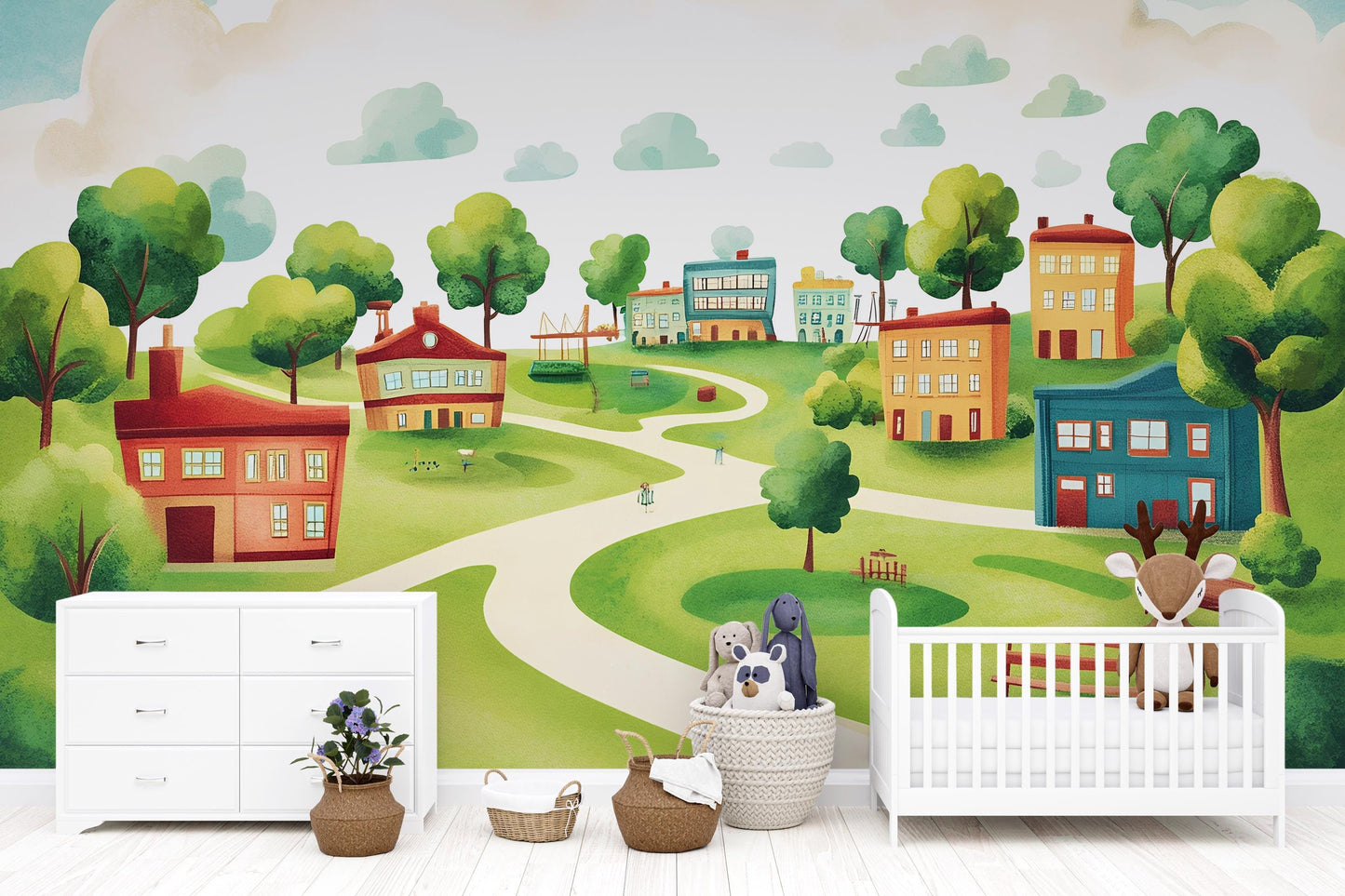 Whimsical Kids Wall Mural – Colorful Village Landscape Wallpaper for Nursery or Playroom – Peel and Stick Removable Mural Vn420