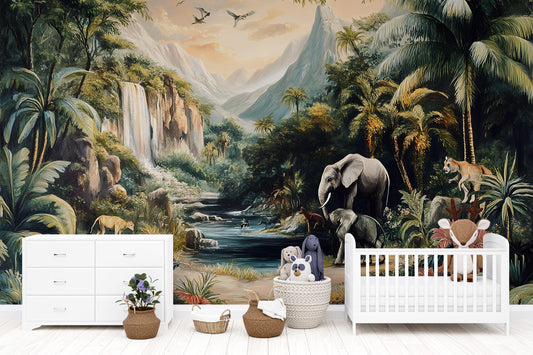 Safari Waterfall Jungle Wall Mural – Wildlife Animal Nursery Adventure Wallpaper Vn834