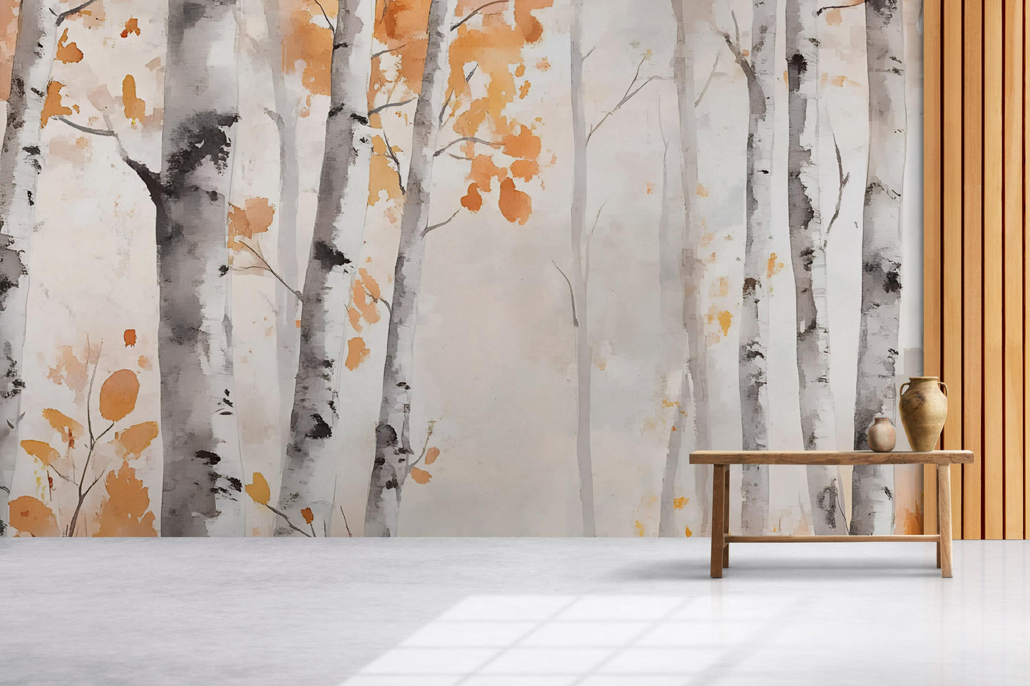 Birch Tree Wall Mural | Autumn Forest Wallpaper | Neutral Nature Accent Wall | Scandinavian Woodland Peel and Stick Wall Art Vn491