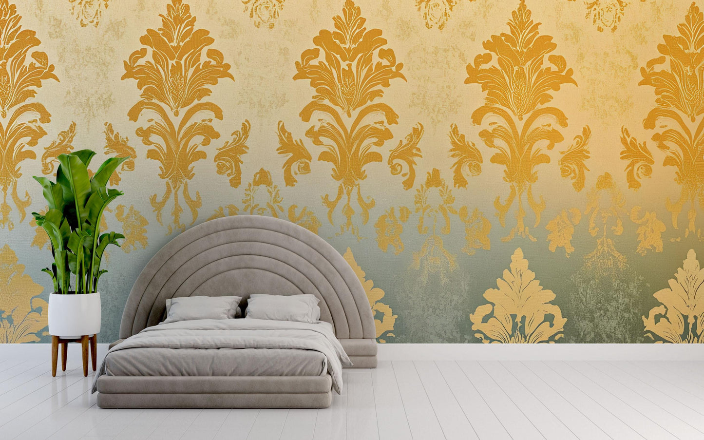 Luxury Damask Wallpaper – Gold & Sage Gradient Wall Mural for Elegant Bedroom Décor Vn633