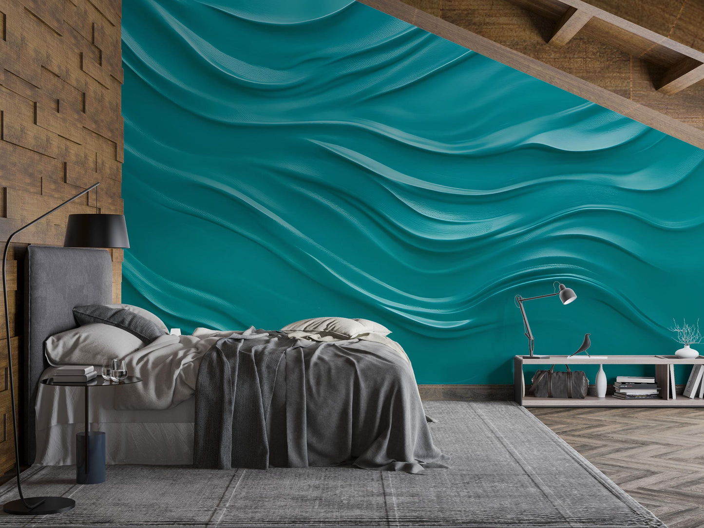 3D Teal Wave Wall Art Mural – Modern Bedroom Accent Wallpaper, Ocean-Inspired Abstract Texture, Bold Home Decor for Sloped Walls Vn651