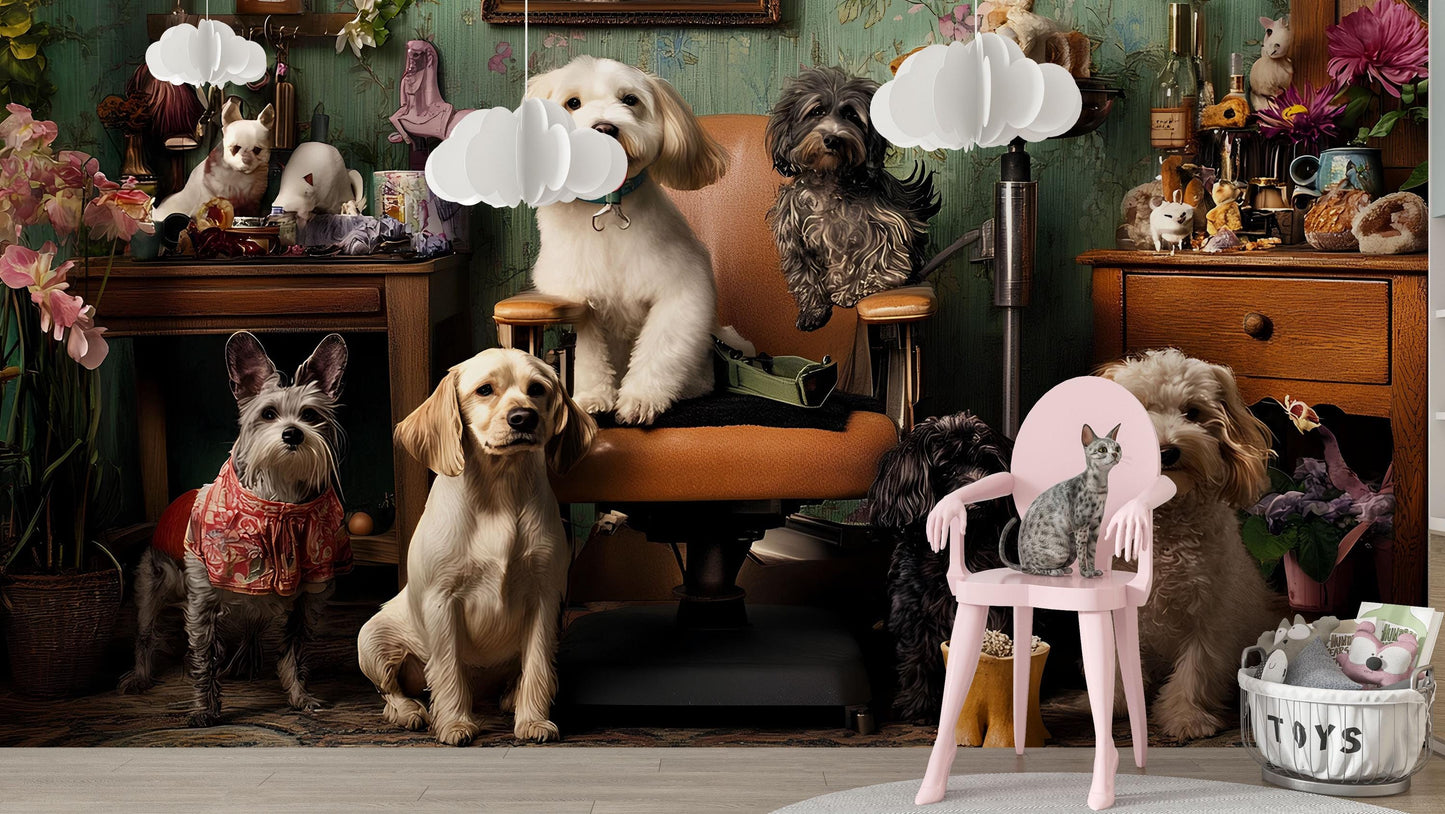 Whimsical Dog Grooming Wall Mural – Cute Dogs Salon Scene, Pet Lover Wallpaper Art Vn678