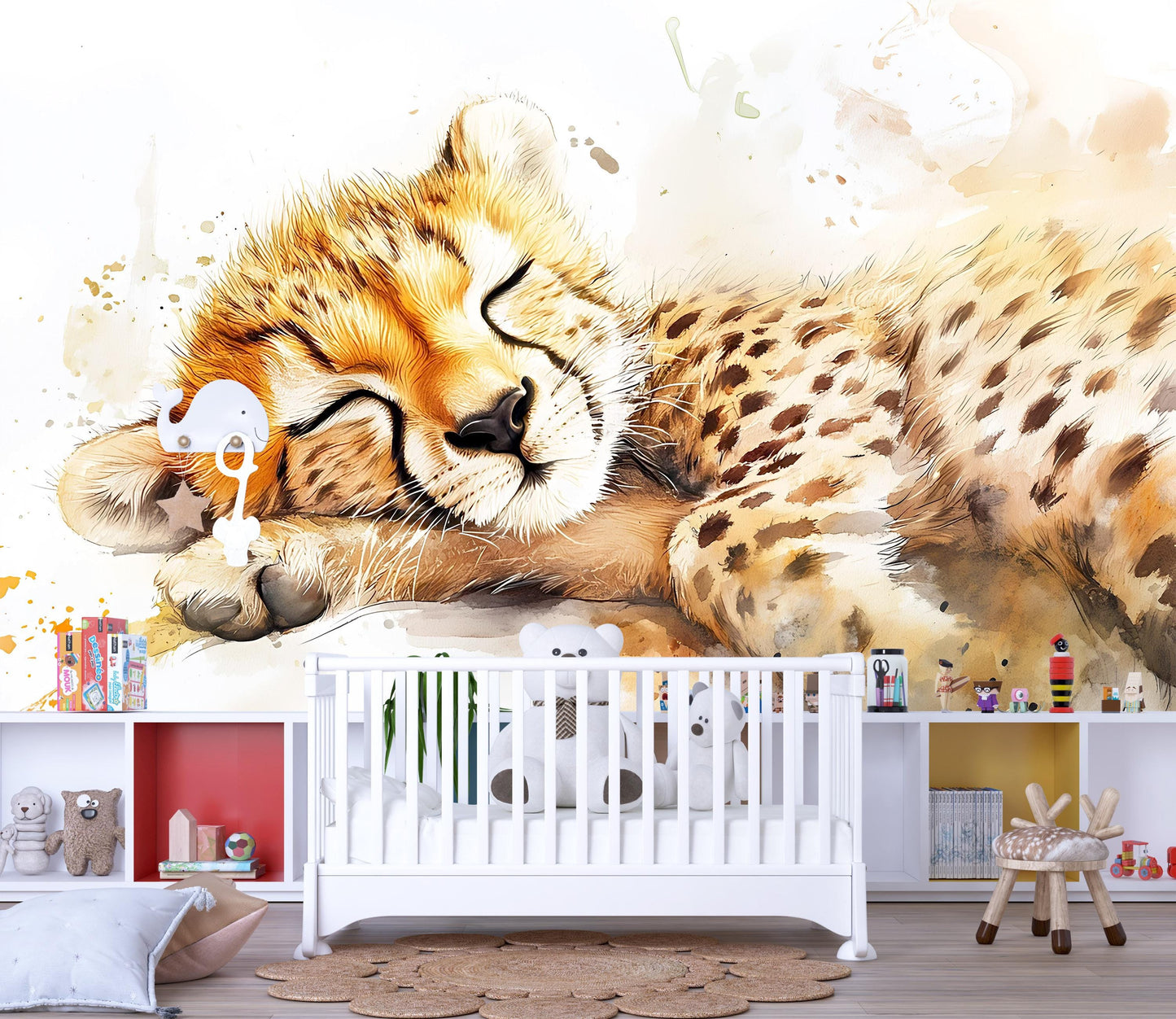 Sleeping Cheetah Cub Wall Mural for Kids Room | Jungle Safari Nursery Art | Wildlife Animal Wall Decor | Large Cheetah Wallpaper Vn535