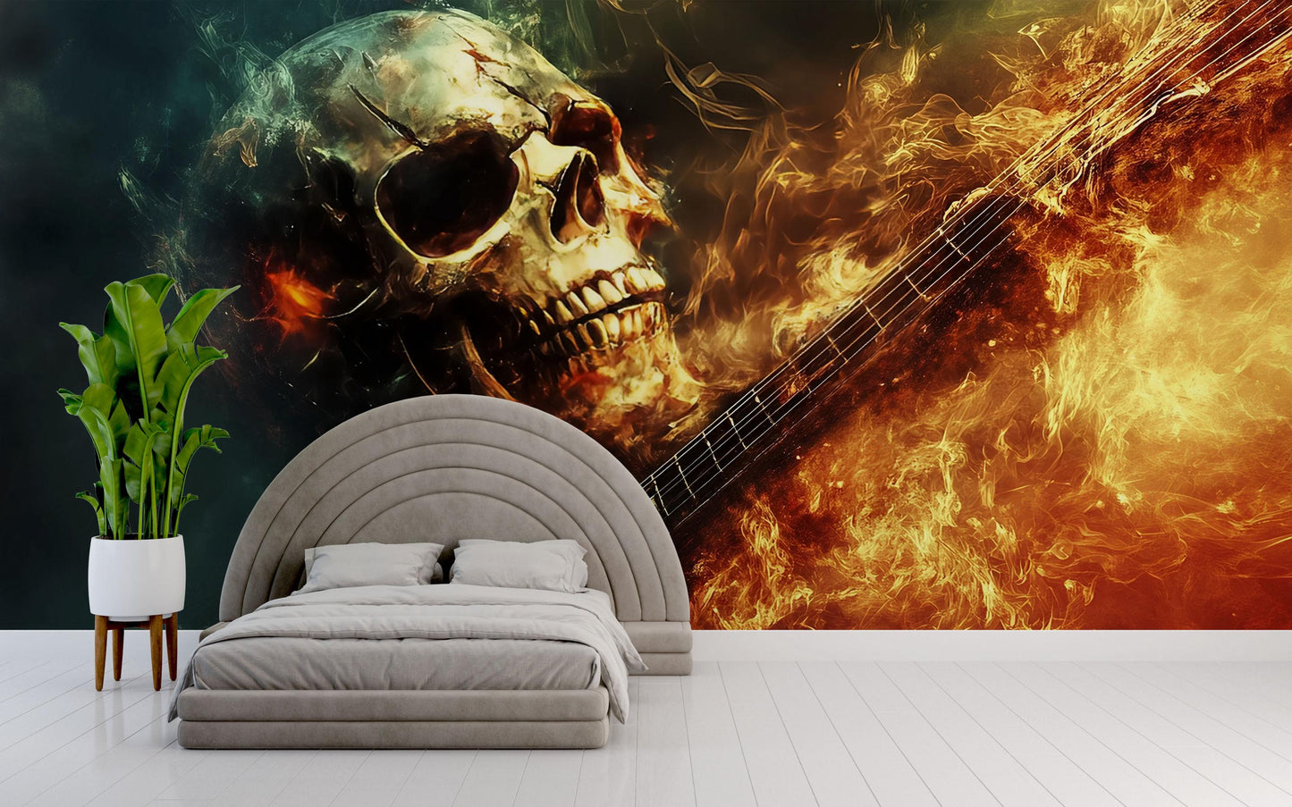 Fiery Skull Guitar Wall Mural – Rock Bedroom Decor, Flame Skull Art Wallpaper, Heavy Metal Room Aesthetic Vn717