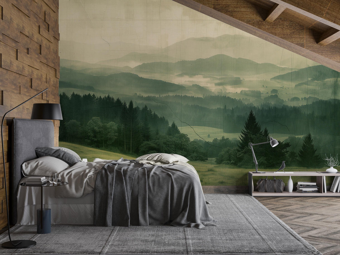 Green Forest Wall Mural – Misty Mountain Landscape Wallpaper for Bedroom or Living Room Vn1057