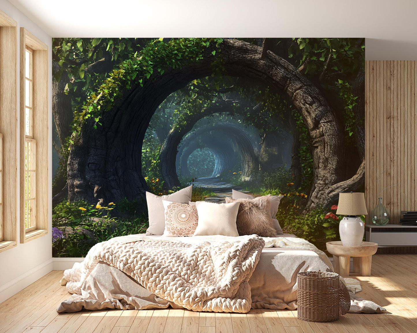 Enchanted Forest Wall Mural for Bedroom – Mystical Tree Tunnel Nature Wallpaper Vn580