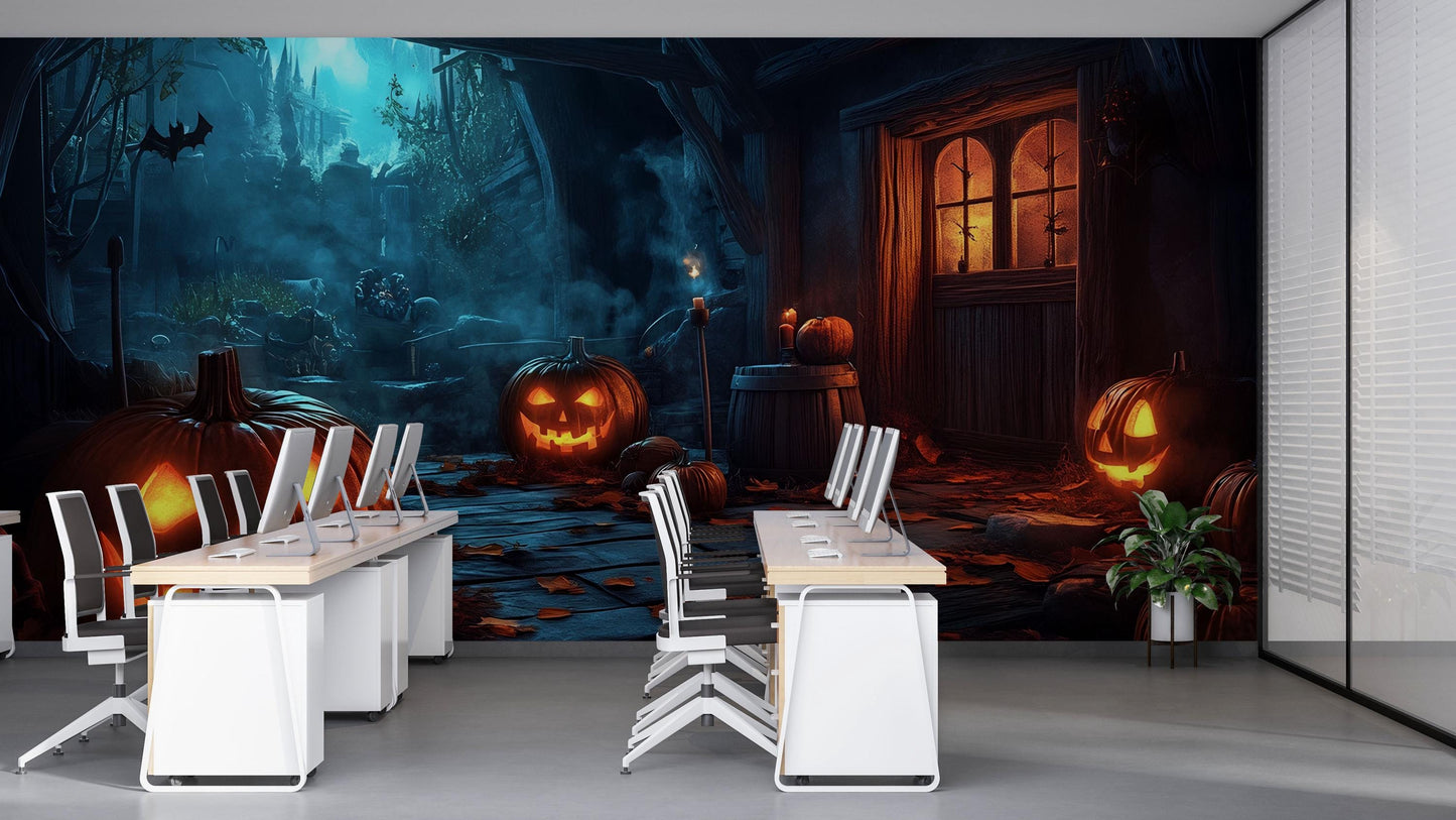 Haunted Pumpkin Path Wall Mural – Spooky Halloween Wallpaper for Office or Home Decor Vn788