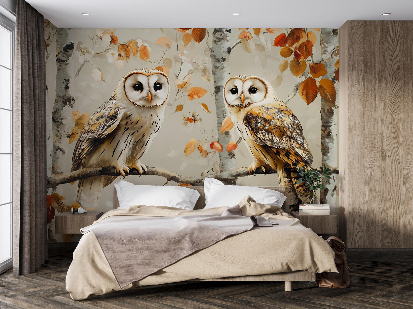 Autumn Owl Forest Mural – Barn Owl Wall Art for Bedroom Decor Vn503