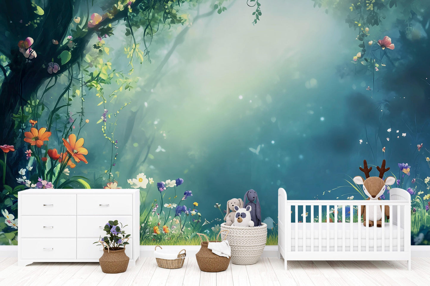 Whimsical Forest Wall Mural for Kids Room – Magical Garden Wallpaper – Fairy Tale Nature Scene Vn712