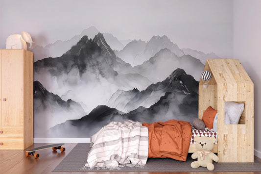 Mountain Wall Mural – Black and White Landscape Wallpaper, Misty Nature Accent Wall Decor for Bedroom or Living Room Vn1063