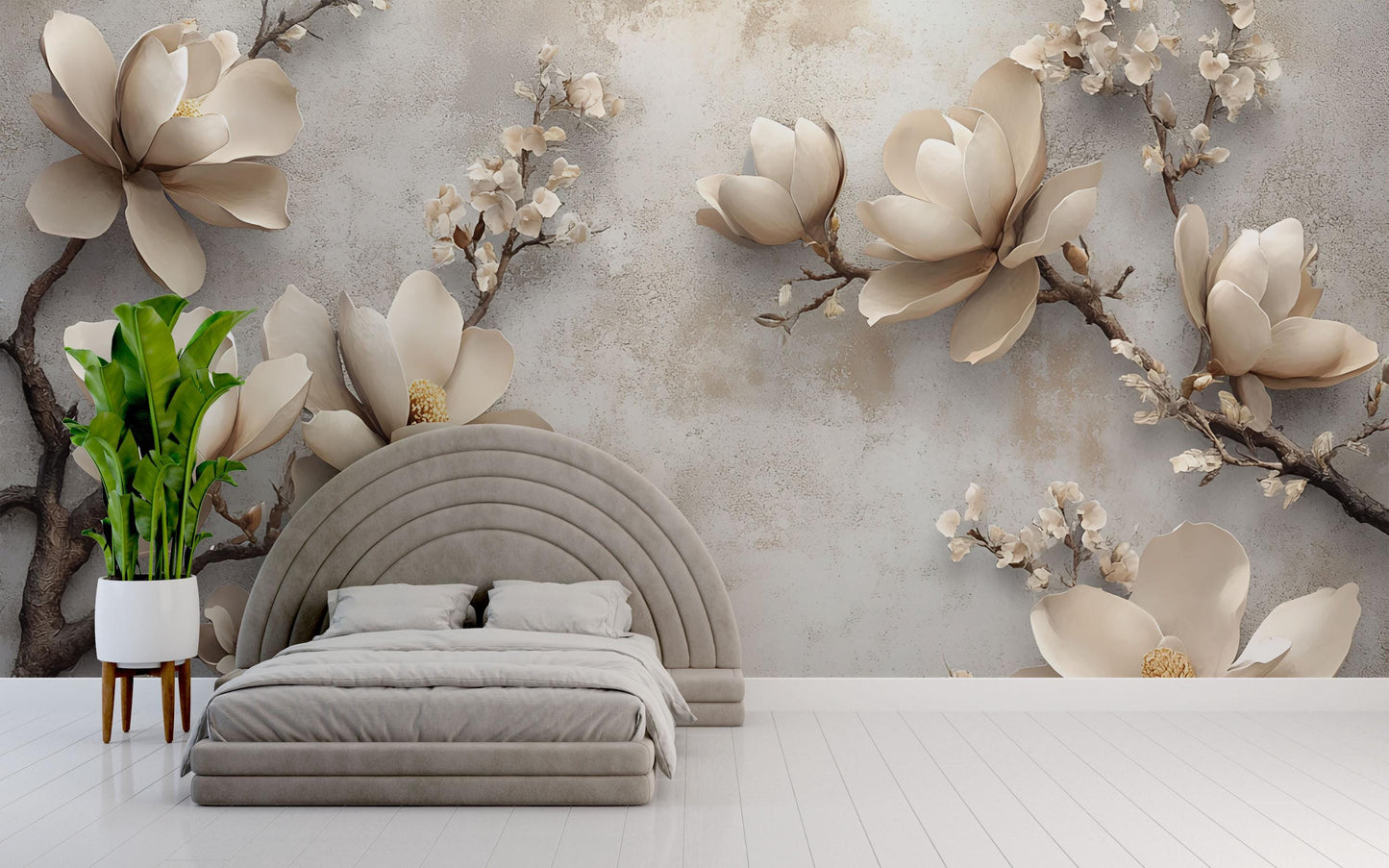 3D Magnolia Flower Wall Mural – Luxury Beige Floral Wallpaper for Bedroom & Living Room Decor Vn754