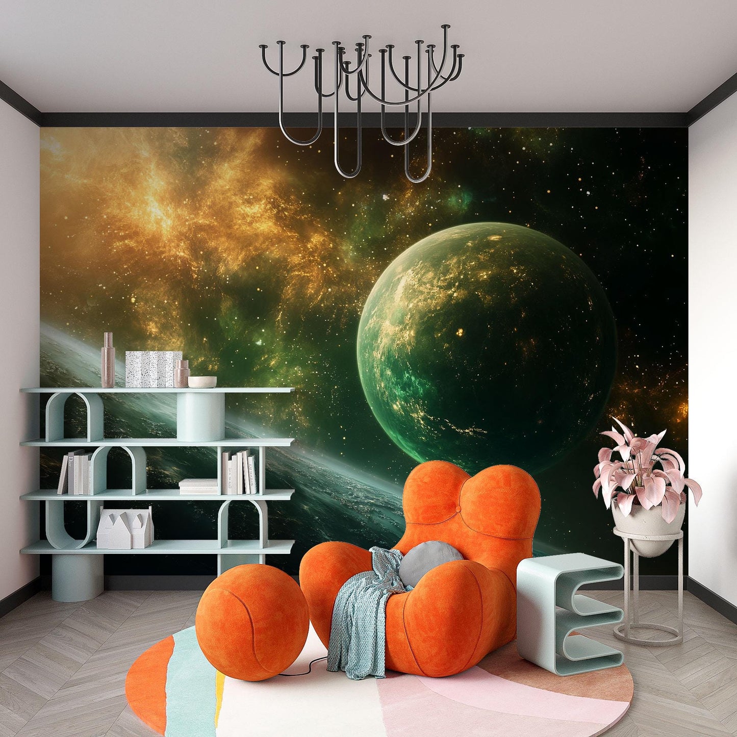 Green Galaxy Wall Mural – Space Planet Wallpaper, Kids Astronomy Room Decor Vn869