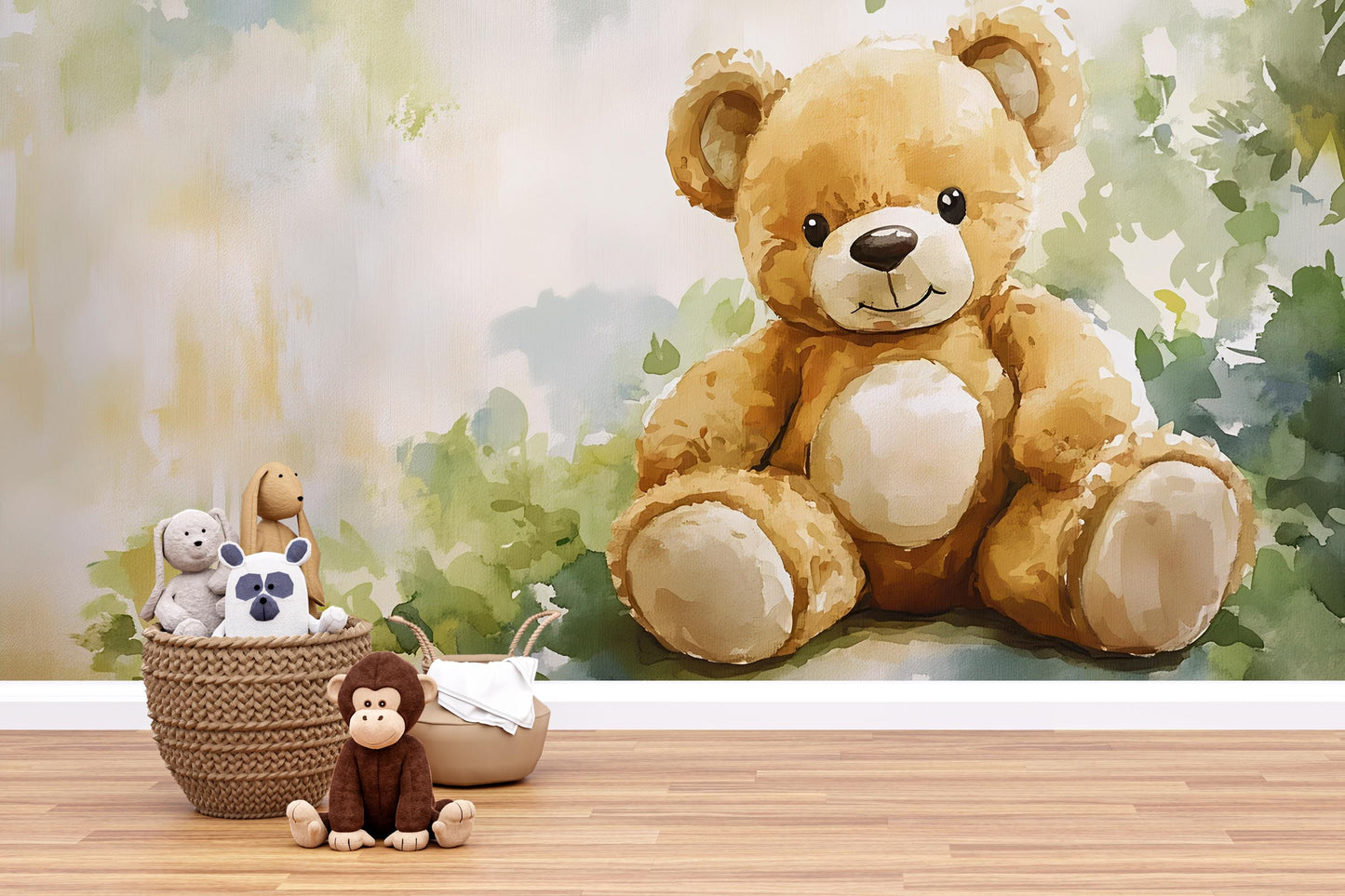 Teddy Bear Nursery Wall Mural - Cute Forest Animal Wallpaper - Baby Room Decor - Woodland Themed Nursery Art Vn554