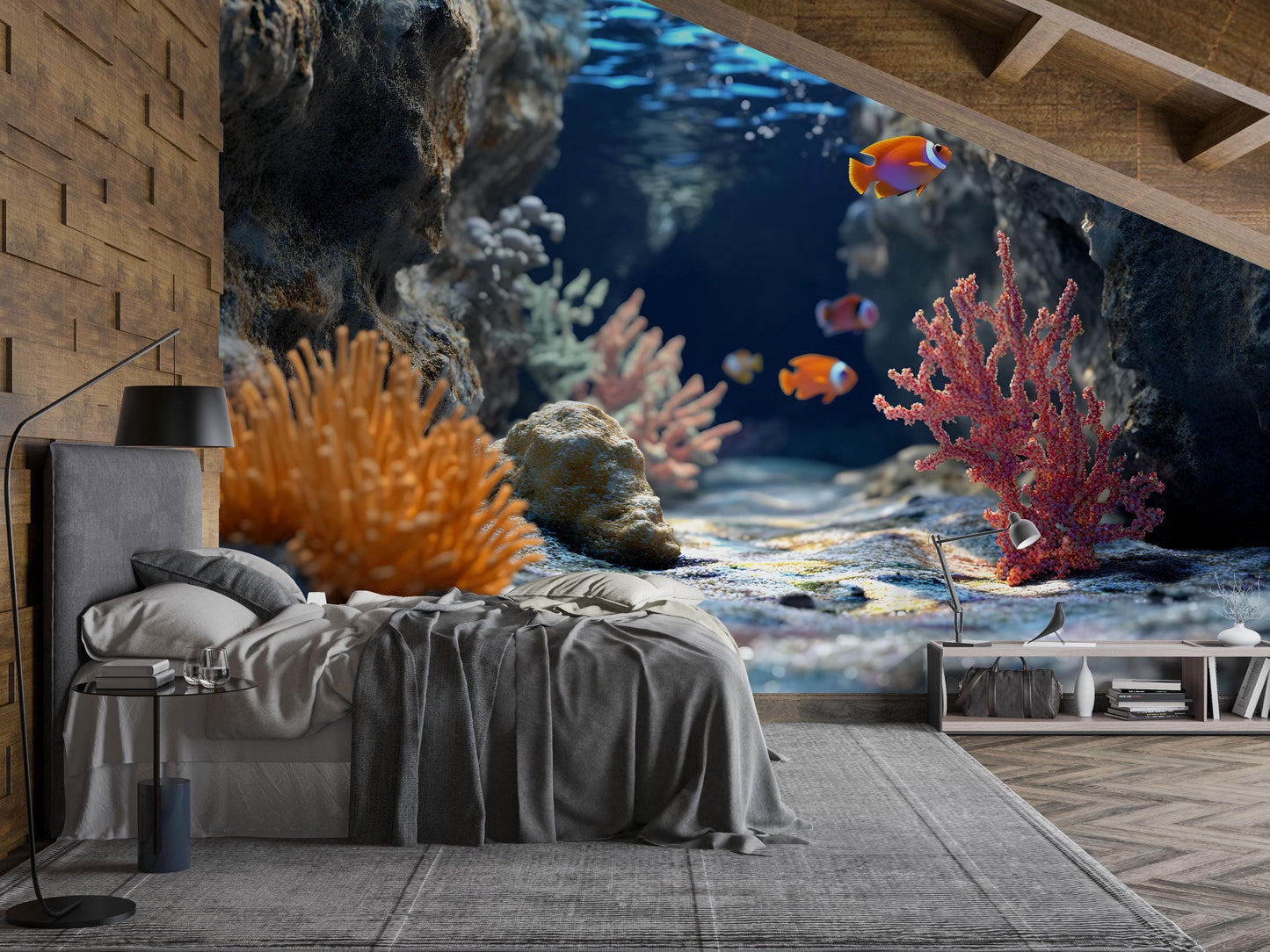Clownfish Coral Reef Wall Mural – Tropical Underwater Ocean Scene  Vn820