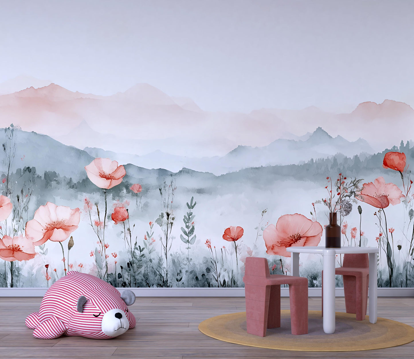 Floral Mountain Wall Mural for Kids Room – Watercolor Wildflower Nursery Wallpaper – Removable Botanical Wall Art Vn560