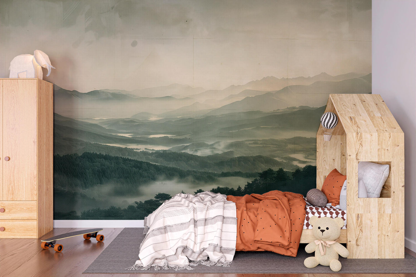 Misty Mountain Wall Mural – Nature Landscape Wallpaper for Kids Room or Living Space Vn1055