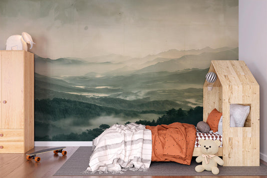 Misty Mountain Wall Mural – Nature Landscape Wallpaper for Kids Room or Living Space Vn1055