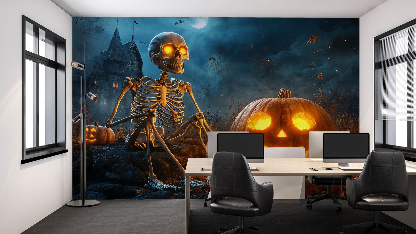Skeleton & Jack-O’-Lantern Wall Mural – Spooky Halloween Bedroom Décor Vn796