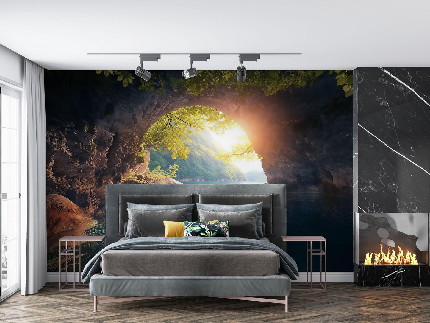 Sunlit Cave Wall Mural – Nature Landscape Wallpaper for Bedroom Decor Vn872
