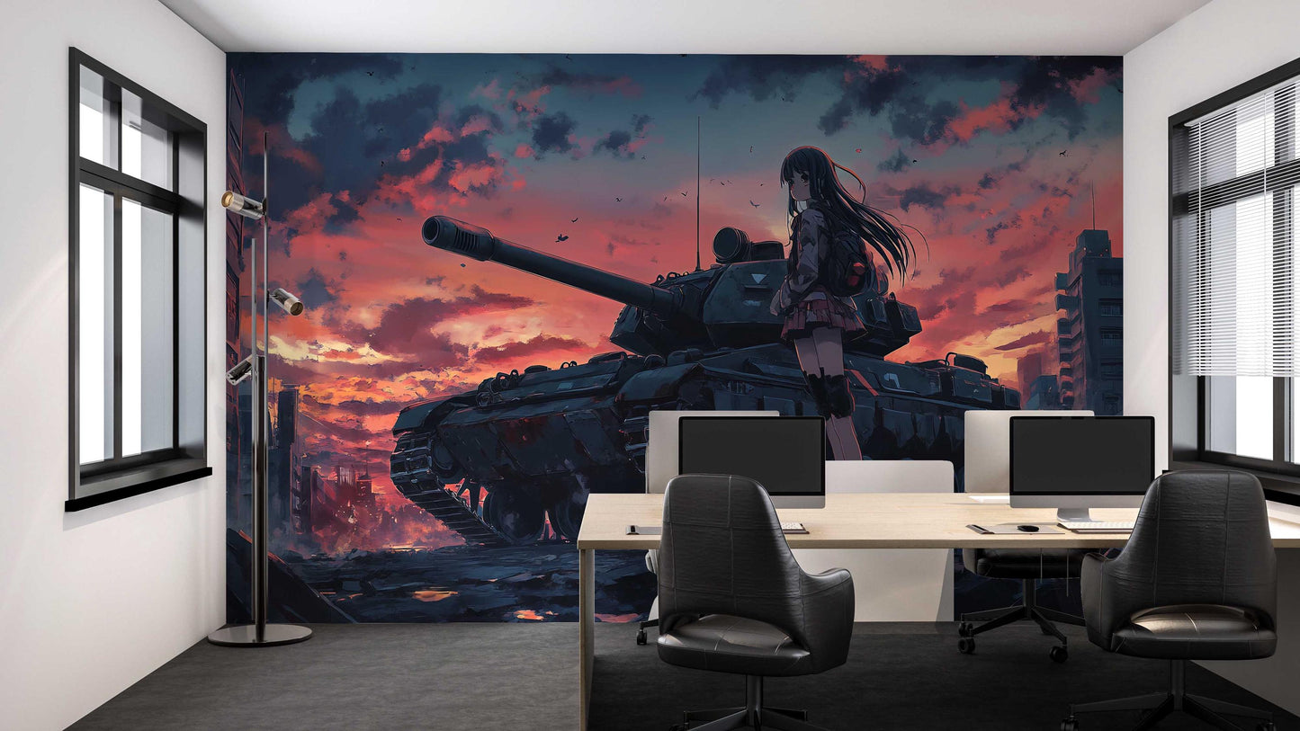 Anime Girl & Tank Wall Mural – Sunset War Scene Art, Japanese Manga Office Decor, Large Anime Wallpaper Poster Vn455