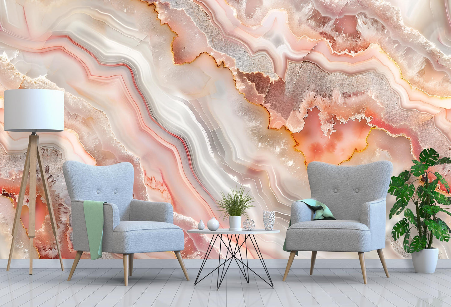 Pink Agate Wall Mural – Crystal Stone Pattern Wallpaper in White & Rose Tones Vn1092