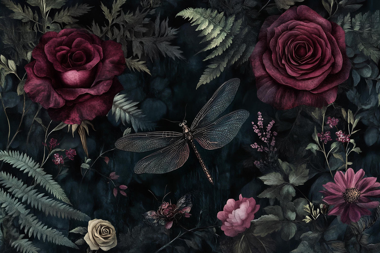 Dark Red Rose & Dragonfly Wall Art – Gothic Botanical Print Vn957